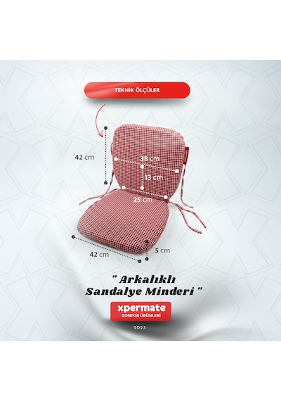 Pötikare Sırtlıklı Sandalye Minderi 42x42 Fermuarlı Yıkanabilir Kılıf Bağcıklı Minder Standart Fit Kırmızı