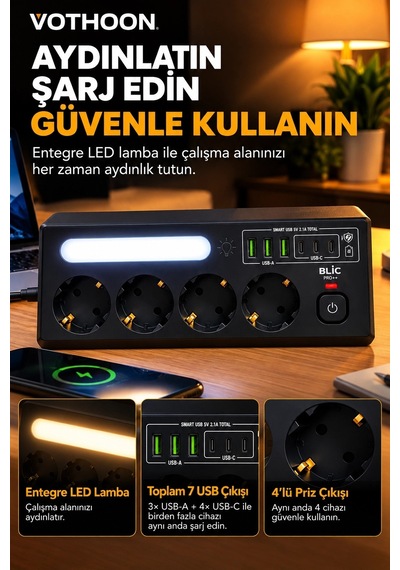 Çoklu Gece Lambalı Üçgen Priz Akım Korumalı 4 Lü Priz 3xusb 3xtype-c Çıkışlı Grup Priz Siyah 1