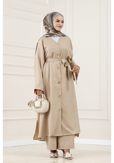 Sevitli Düğmeli Davin Abaya İkili Takım-bej-5875