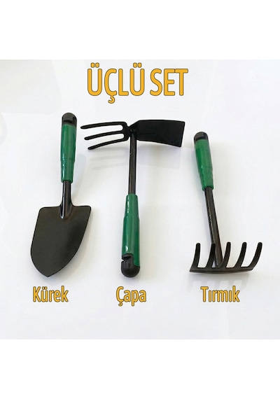 Çapa Tırmık Kürek 3 Lü Set Metal Hobi Bahçe El Aletleri Saksı, Çiçek, Bitki Ve Toprak Kazma Seti