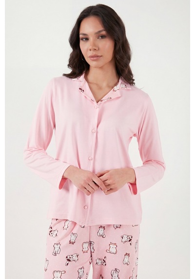 Lela Desenli Regular Fit Apaş Yaka Beli Lastikli Bol Paça Bayan Pijama Takımı 65714300 Açık Pembe Lela Desenli Regular Fit Apaş Yaka Beli Lastikli Bol Paça Bayan Pijama Takımı 65714300 Açık Pembe