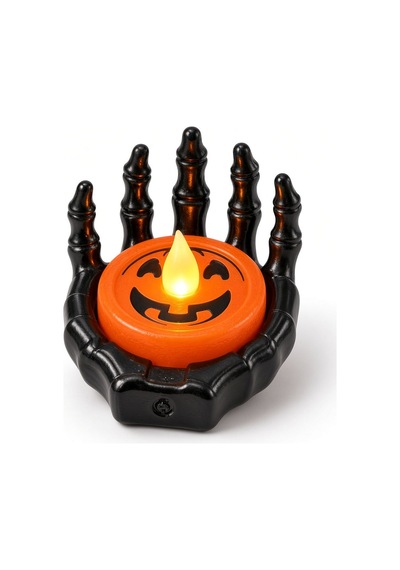 Halloween Cadılar Bayramı Led Işıklı İskelet El Mumluk Siyah Turuncu Balkabağı Dekoru 6x6 Cm Renkli