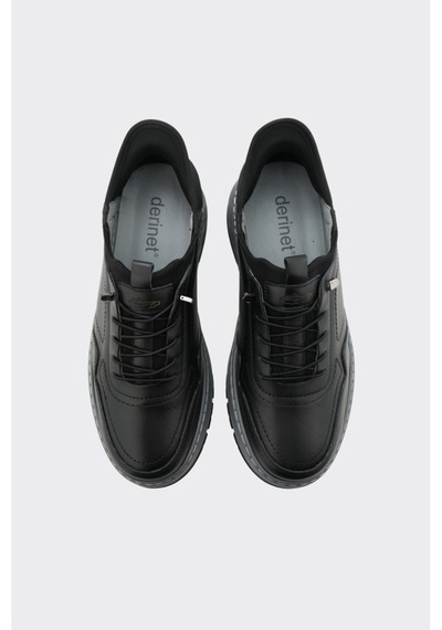 Derinet Hakiki Deri Lastik Bağcıklı Erkek Sneaker Siyah Siyah