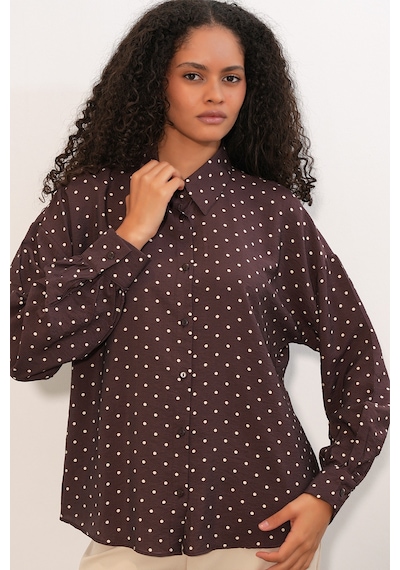 Bigdart Kadın Oversize Puantiyeli Gömlek 20392 - Kahverengi