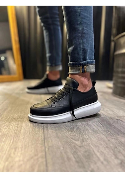 Mevese Meverk Cilt Erkek Sneaker Ayakkabı Kalın Taban Günlük Siyah