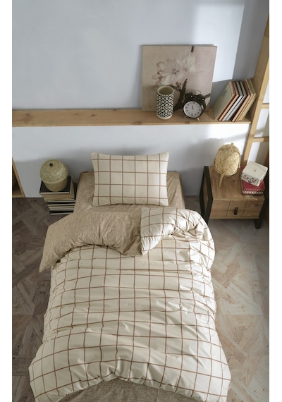 Cozy Home Tek Kişilik Lastikli Çarşaflı Nevresim Takımı Kare Krem