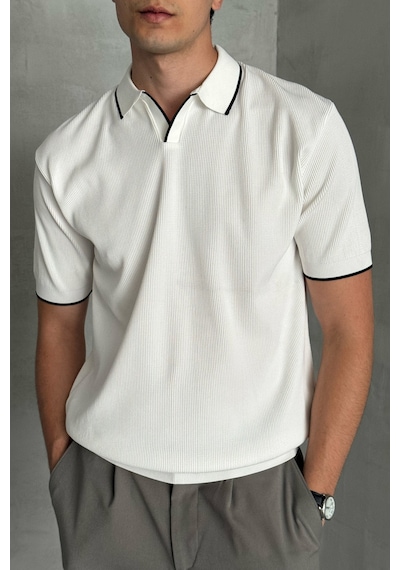 Erkek Oversize Selanik Polo Yaka Triko T-shirt Beyaz