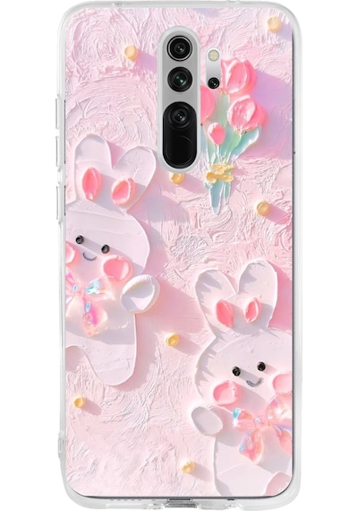 Redmi Note 8 Pro Uyumlu Sevimli Tavşanlar Baskılı Silikon Kılıf Renkli