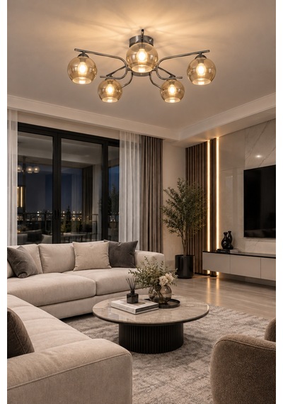 Aloha Modern Tasarım Salon Yatak Odası Mutfak Gri Renk Bal Camlı 5 Li Avize Gri Bal Gri Bal