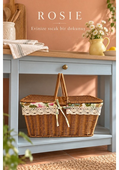 Rosıe Çiçek Desen Kumaşlı Dikdörtgen Piknik Sepeti 38 Cm Karışık