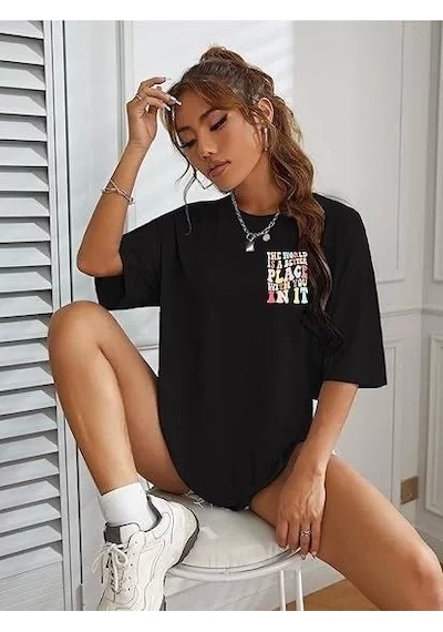 Kadın Bisiklet Yaka Baskılı T-shirt - Siyah Siyah