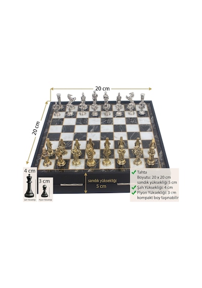 Kişiye Özel Osmanlı Bizans Temalı Lüks Metal Satranç Takımı 20cm Sandıklı Mermer Desenli Premium Set