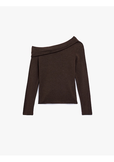 Koton Slim Fit Uzun Kollu Omzu Açık Tişört Kahverengi 6wal10464ık Kahve