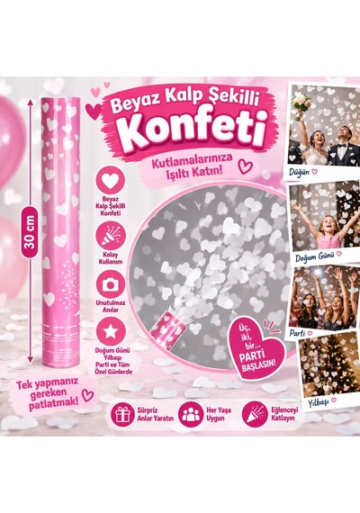 Kalp Şekilli Beyaz Konfeti 38 Cm Parti Dekorasyonu