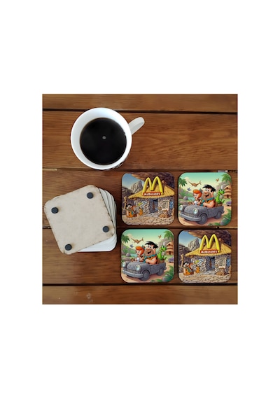 Taş Devri Mcdonalds Dekoratif Ahşap Bardak Altlığı Seti 009 Çok Renkli