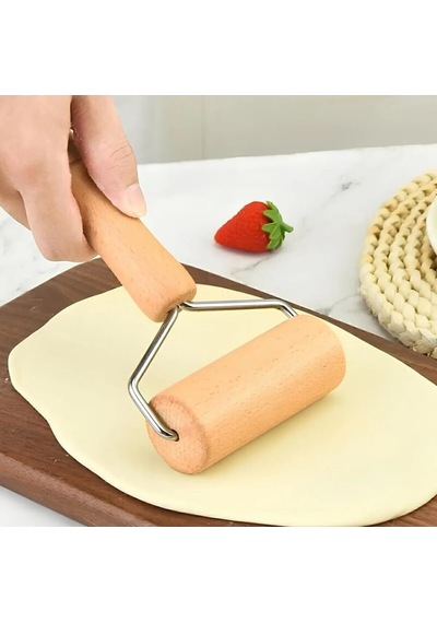 Yazıcı Ahşap Saplı Mini Merdane, Bambu Pizza Hamur Açma Rulosu, Paslanmaz Çelik, 9x16 Cm, 4.5 Cm Silindir Çap