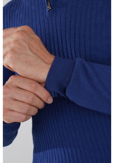 Bisse Indigo Polo Yaka Fermuarlı Ön Jakar Yün Erkek Triko Tr23k23204 D66 Indigo