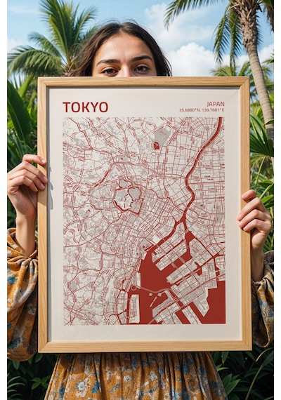 Tokyo Japonya Japan Haritası Çerçeveli Tablo Lüks Salon Ofis Duvar Dekorasyonu Hediyelik Tablo Kayın