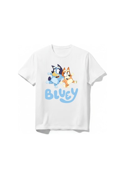 Urbantrendstore Bluey Baskılı Unisex Kız Çocuk Erkek Çocuk Bisiklet Yuvarlak Yaka Basic Kısa Kollu %100 Pamuk Tişört Beyaz