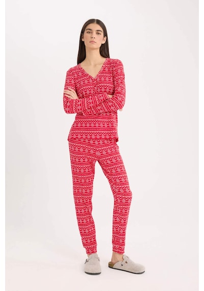 DeFacto Fall in Love Pijama Takımı Waffle Kumaş Uzun Kollu Üst Esnek Belli Uzun Alt D2284AX24WNRD59 Kırmızı