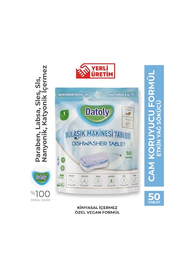 Datoly Hepsi 1 Arada Bulaşık Makinesi Tableti 50'li - Yağ Sökücü, Tuz & Parlatıcı Etkili Kireç Önleyici Deterjan