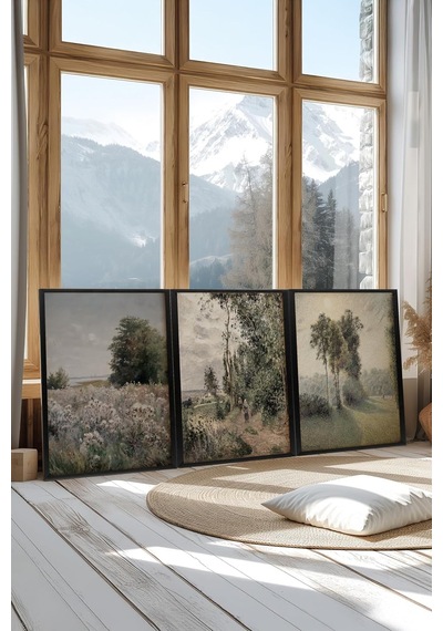 Zestia Siyah Çerçeveli 3'lü Tablo Seti, Klasik Manzara Soft Tonlar, Salon Set No: 30120 50 X 70
