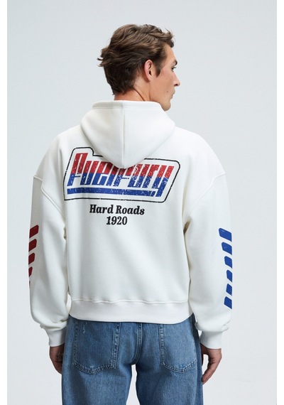 Grimelange ABISMO Erkek Kapüşonlu Kanguru Cepli Kolları ve Sırtı Baskılı Relaxed Fit Beyaz Sweatshirt