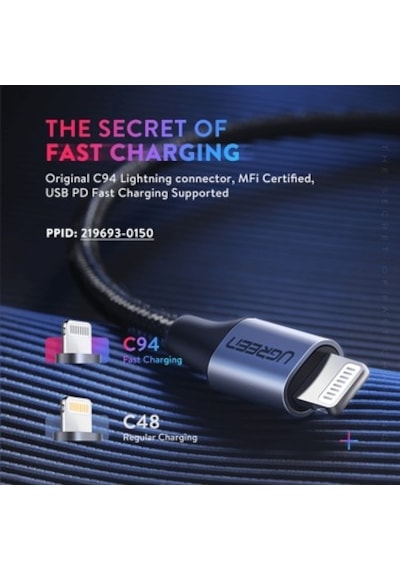 Ugreen Usb-c - Lightning 3a Pd Mfi Sertifikalı Örgülü Hızlı Şarj Kablosu, 1 M, Siyah,
