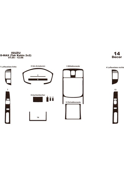 Isuzu D Max Tek Kabin 2x2 Konsol-torpido Kaplama 2005-2006 14 Parça-koyu Meşe Seçenekler