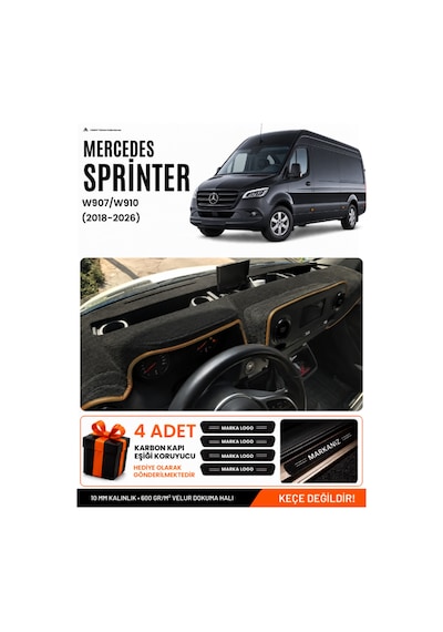 Mercedes Sprinter W907-w910 2018-2026 Uyumlu Torpido Örtüsü - Siyah Kahverengi