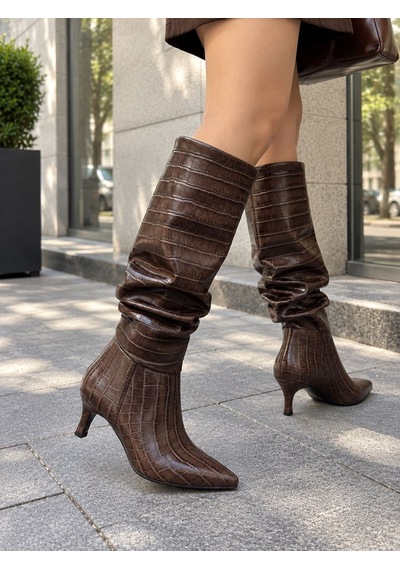 Asmi Shoes Kadın Oslo Kahve Kroko Topuklu Körüklü Şık Tarz Günlük Rahat Çizme