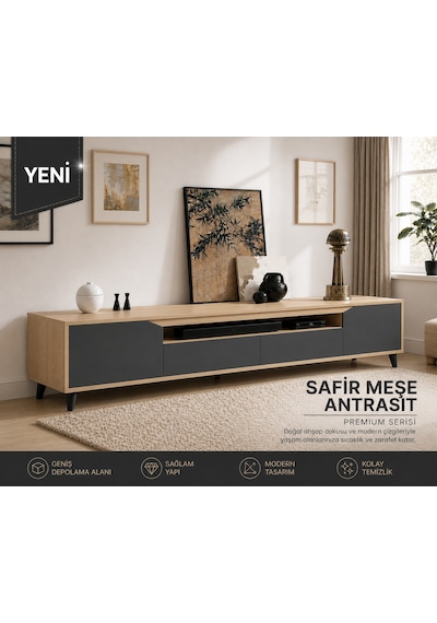 Legno Premium 180cm Modern Tv Ünitesi Safir-ant Antrasit - Safir Meşe