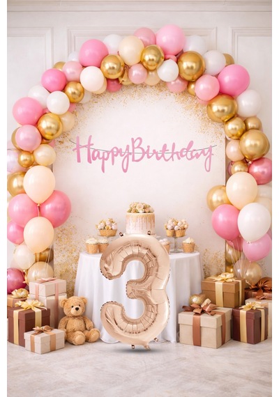 3 Yaş Pompa Hediyeli Doğum Günü Seti Banner Gold Pembe Kum Beji Beyaz Balonlar Rose Gold Rakam Çok Renkli