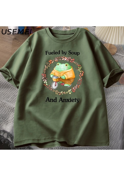 Flood Of Style Çorba Ve Anksiyete T-shirt Komik Kurbağa Grafik Tshirt Pamuk Kısa Kollu T Shirt Unisex Baskıl Yeşil