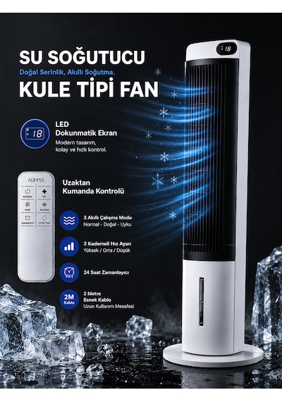 Sessiz Kule Tipi Hava Soğutucu 40 İnç 70w 3l Su Tanklı Led Dokunmatik Ekranlı Vantilatör Fan