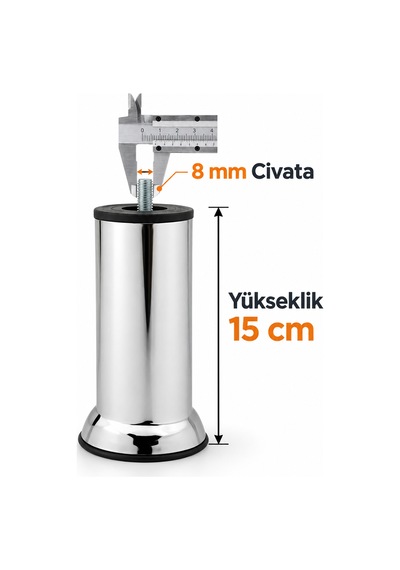 12 Adet Mobilya Kanepe Baza Koltuk Yatak Çekyat Destek Yükseltme Ayağı M8 15 Cm Krom Metal Ayakları Gri