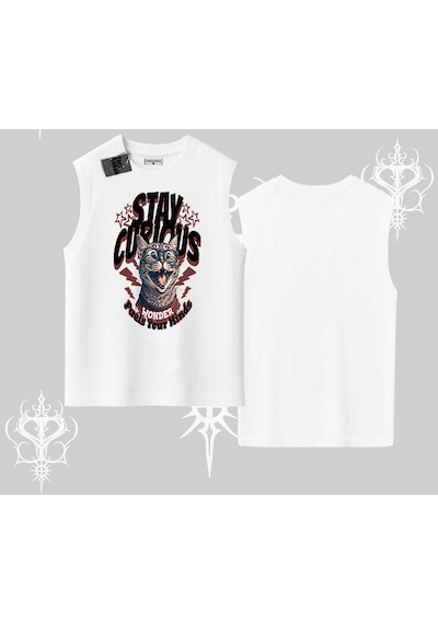 Tarzsokak Stay Curious Kedi Baskılı Kolsuz Tshirt Beyaz
