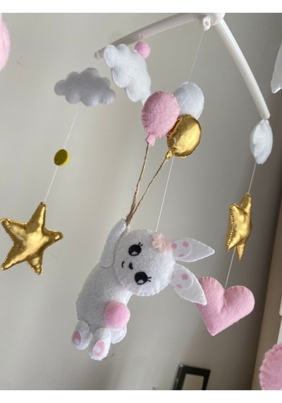 Müzik - Aparat Dahil Tavşan Figürlü Pembe Gold El Yapımı Kız Bebek Beşik Dönencesi