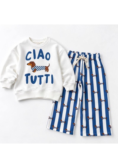 Ciao Tutti Baskılı Sweatshirt Sosis Köpek Baskılı Mavi Çizgili Eşofman 3ip Unisex Alt Üst Takım Beyaz Ciao Tutti Baskılı Sweatshirt Sosis Köpek Baskılı Mavi Çizgili Eşofman 3ip Unisex Alt Üst Takım Beyaz