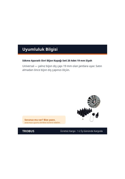 Trobus Sökme Aparatlı Sivri Bijon Kapağı Seti 20 Adet 19 Mm Siyah