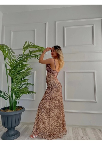 Kadın Leopar Desen Tül Elbise Leopar