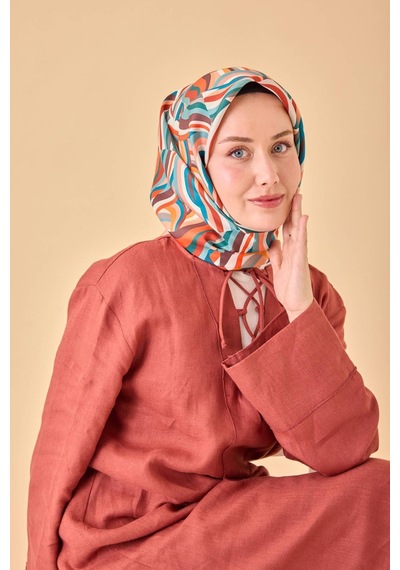 Silk Home Twill İpek Eşarp 11471-35 Kahverengi, Somon, Turuncu, Petrol Mavi, Mercan