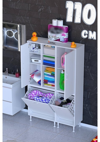 Pınar 110 Cm Raflı Dolap Beyaz Kirli Sepetli Dolap 65+45 X160x32,5 Cm