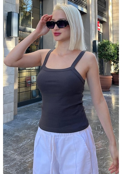 Madmext Füme Fitilli Görünümlü Askılı Basic Atlet Mg2236 Füme