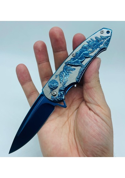 Tobaccotürk724 Kurt Kabartmalı Kamp Bıçak Yarıoto Mavi Metal 20cm Kamp Çakı//ystl2916bl Mavi