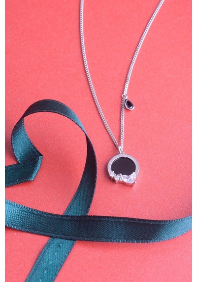 Innuendo Jewelry 925 Ayar Gümüş Damla Taş Detaylı Oval Kolye Gümüş - Siyah