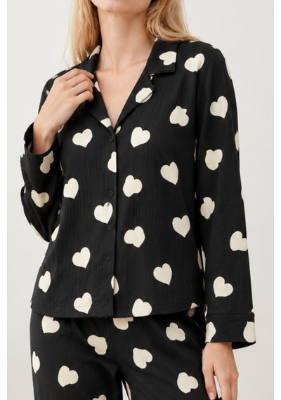 Kadın Kalpli Gömlek Yaka Siyah Pijama Takımı 4824