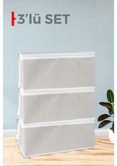 3 Adet Gri Çizgili Büyükbaza Altı Ve Çekyat Tipi Hurç 65 X 45 X 22 Cm Tela 45 X 65 Gri Tr Diğer