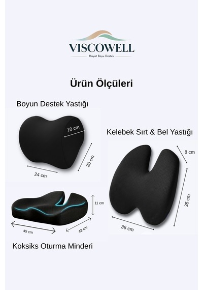 Visco 3'lü Set Ortopedik Yastık Seti Bel, Boyun Ve Kalça Desteği Ergonomik Minderi
