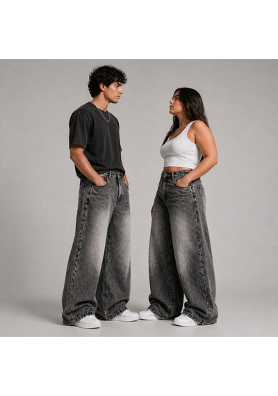 St.poll Eskitme Füme Yıkamalı Unisex Büyük Beden Baggy Jean Pantolon